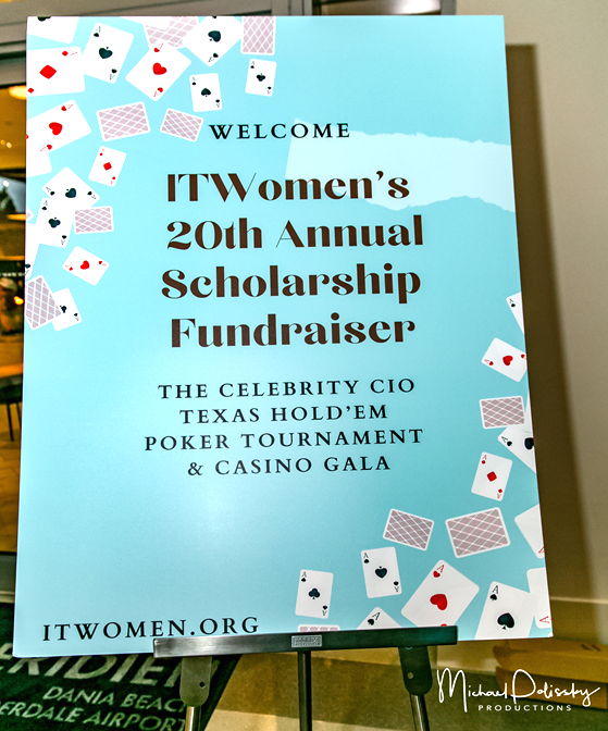 Poster ITWomen Celebrity CIO poker tournament & casino games scholarship fundraiser for girls pursuing Tech and Engineering degrees. 